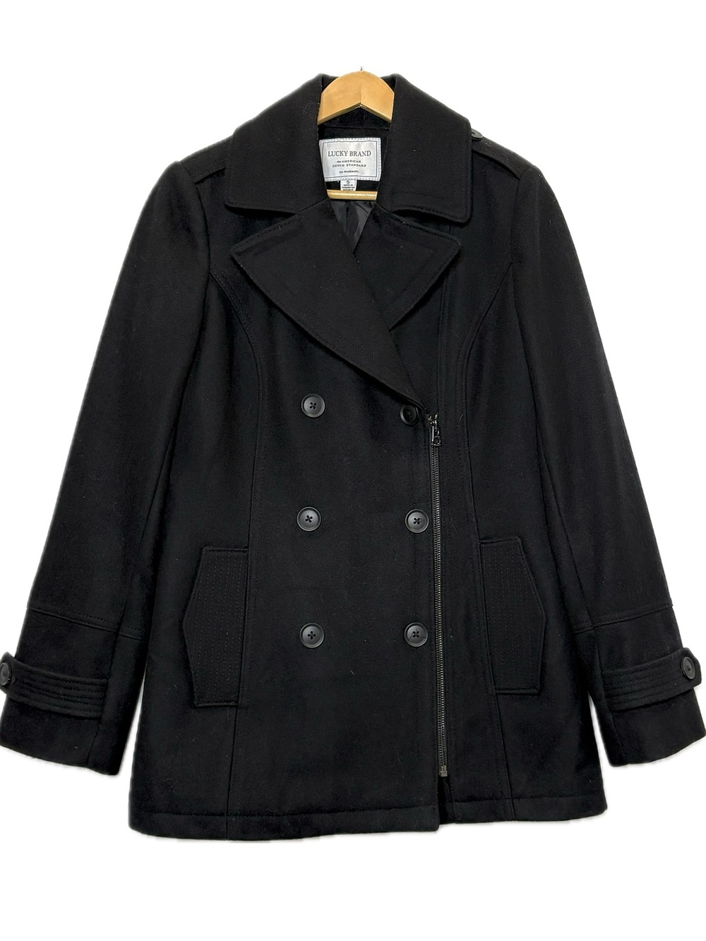 Lucky Brand Wool Blend Pea Coat Women Size Small Black Double Breasted Zip Front